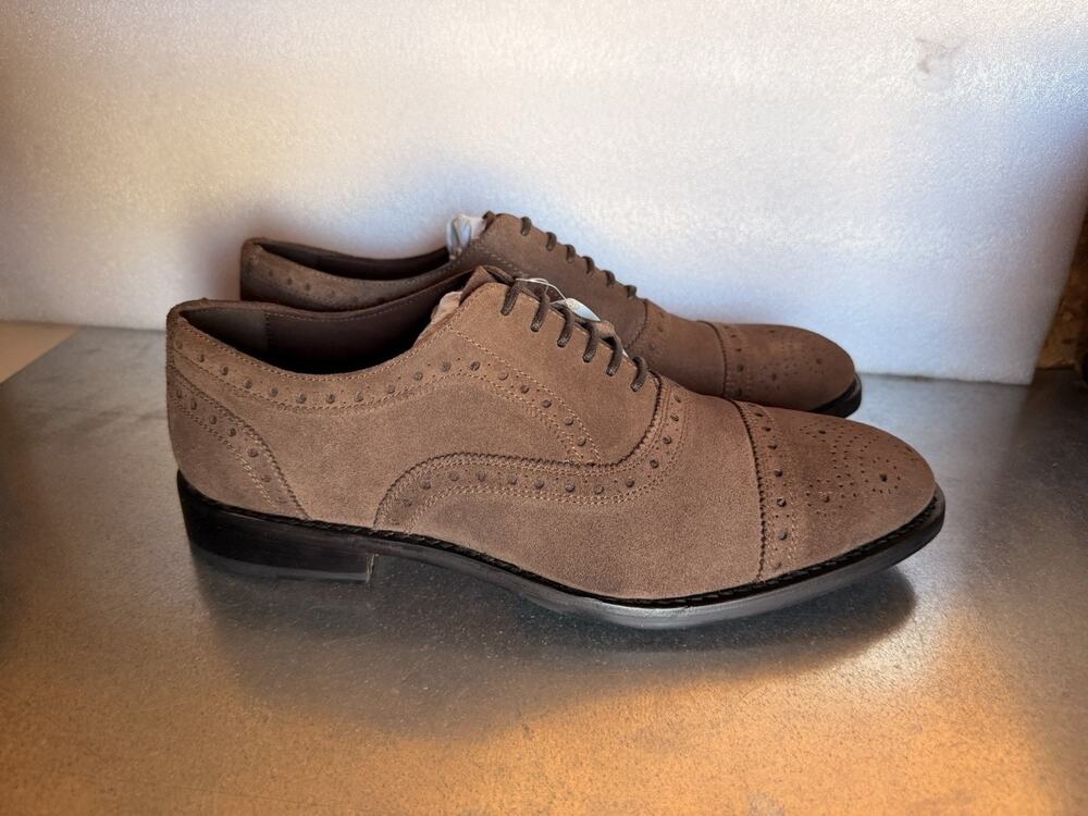 Anthony Veer Ford Quarter Brogue Suede Oxford Shoes Mens 10.5 D Honey Brown NIB